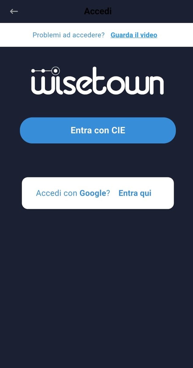 App Wisetown: schermata di accesso con CIE o Google
